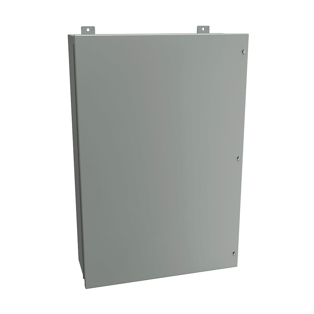 1418JL9 - Hammond enclosure, NEMA 12, 36 x 24 x 9in (HxWxD), wall mount, carbon steel, ANSI 61 gray, powder coat finish, hinged screw cover.