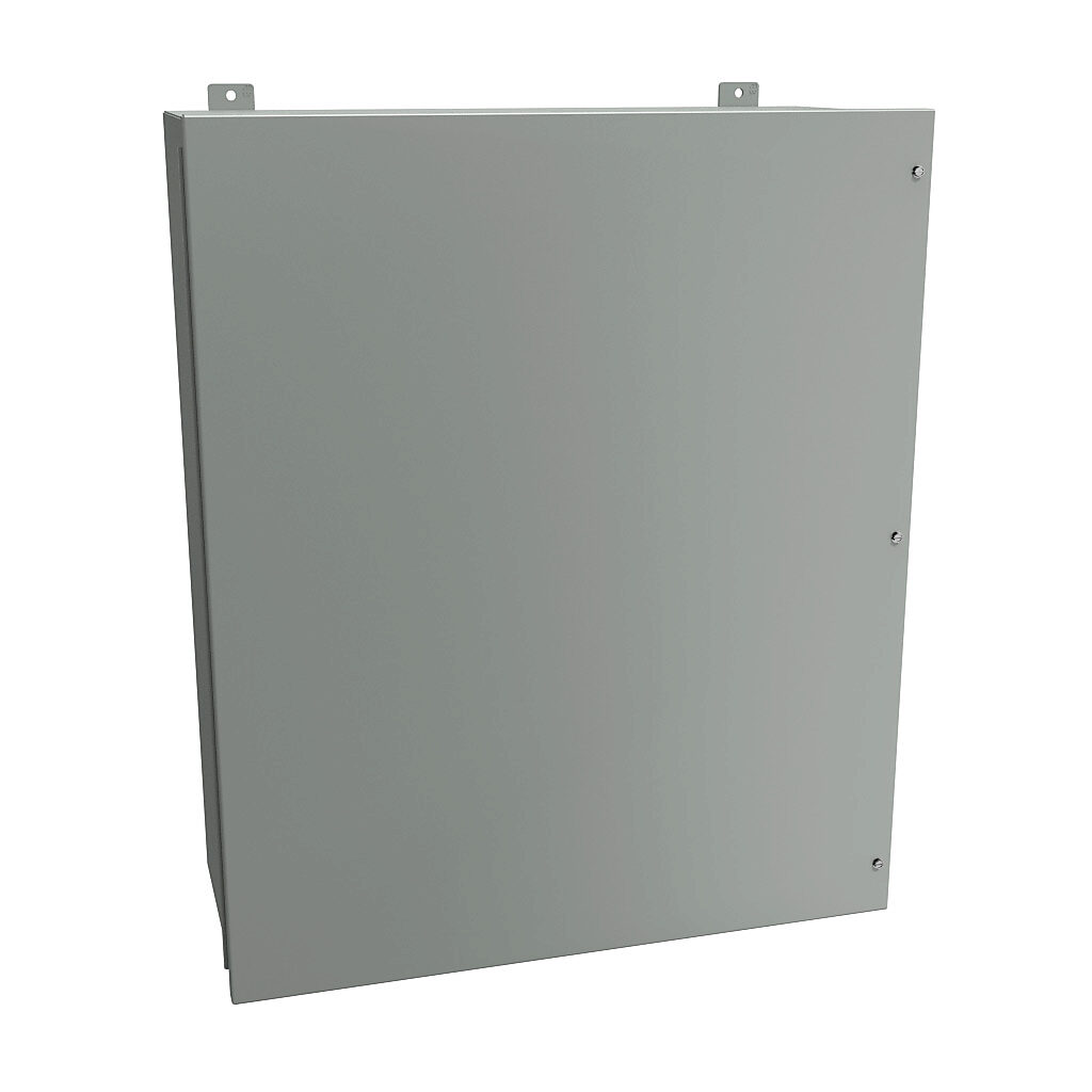 1418JM13 - Hammond enclosure, NEMA 12, 36 x 30 x 13in (HxWxD), wall mount, carbon steel, ANSI 61 gray, powder coat finish, hinged screw cover.