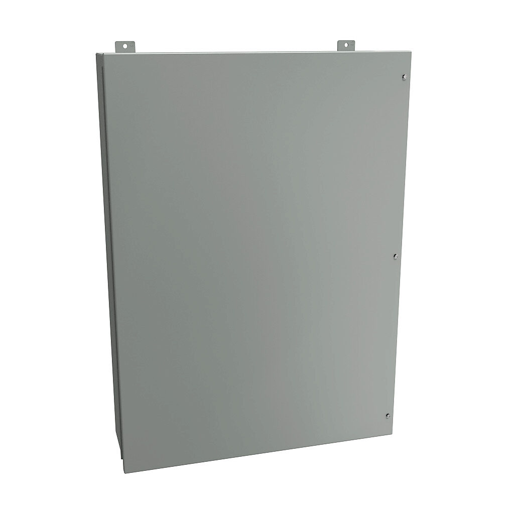 1418JO9 - Hammond enclosure, NEMA 12, 42 x 30 x 9in (HxWxD), wall mount, carbon steel, ANSI 61 gray, powder coat finish, hinged screw cover.
