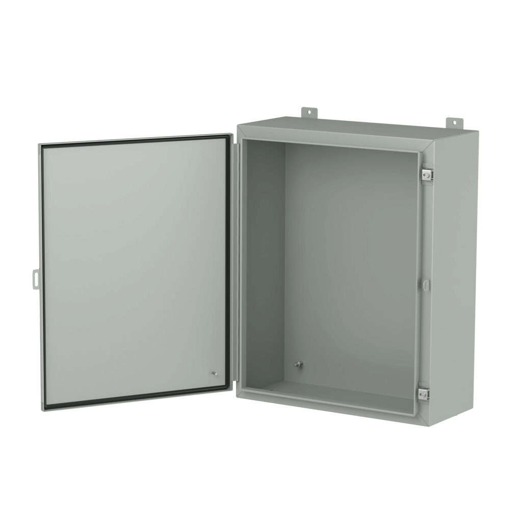 1418K10LP - Hammond enclosure, NEMA 3R/4/12/13, 30 x 24 x 10in (HxWxD), wall mount, carbon steel, ANSI 61 gray, powder coat finish, single-door, stainless steel clamps, padlock hasp and staple.