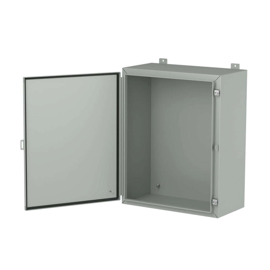 1418K12LP - Hammond enclosure, NEMA 3R/4/12/13, 30 x 24 x 12in (HxWxD), wall mount, carbon steel, ANSI 61 gray, powder coat finish, single-door, stainless steel clamps, padlock hasp and staple.