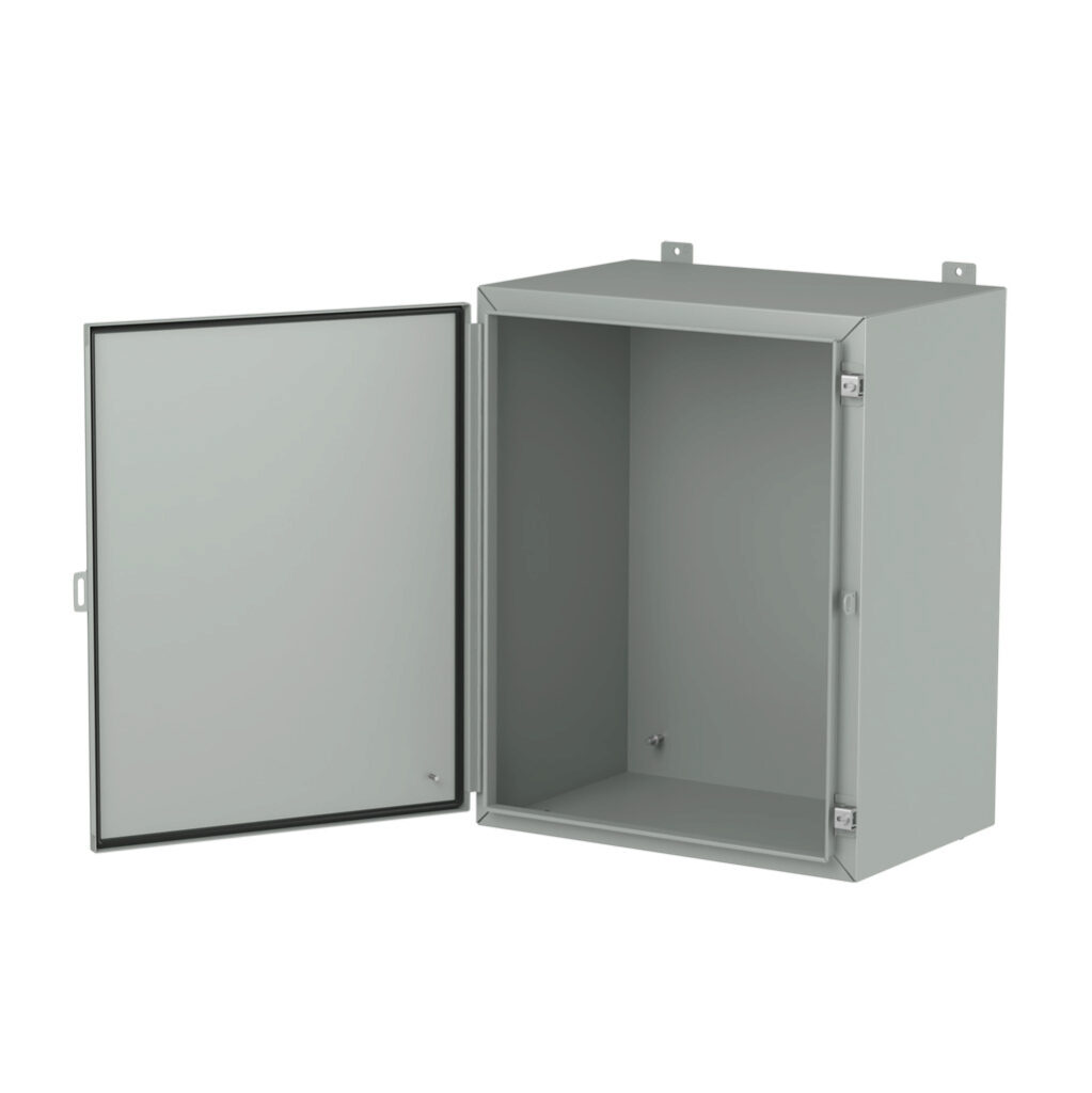 1418K16LP - Hammond enclosure, NEMA 3R/4/12/13, 30 x 24 x 16in (HxWxD), wall mount, carbon steel, ANSI 61 gray, powder coat finish, single-door, stainless steel clamps, padlock hasp and staple.