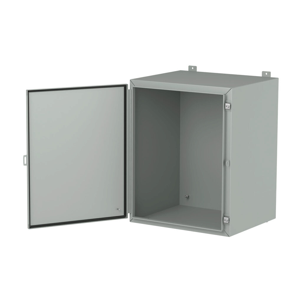 1418K20LP - Hammond enclosure, NEMA 3R/4/12/13, 30 x 24 x 20in (HxWxD), wall mount, carbon steel, ANSI 61 gray, powder coat finish, single-door, stainless steel clamps, padlock hasp and staple.