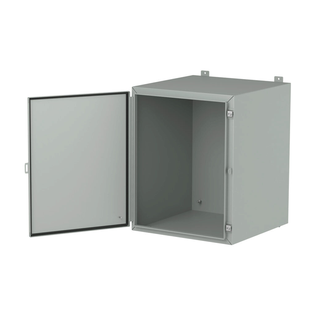 1418K24LP - Hammond enclosure, NEMA 3R/4/12/13, 30 x 24 x 24in (HxWxD), wall mount, carbon steel, ANSI 61 gray, powder coat finish, single-door, stainless steel clamps, padlock hasp and staple.