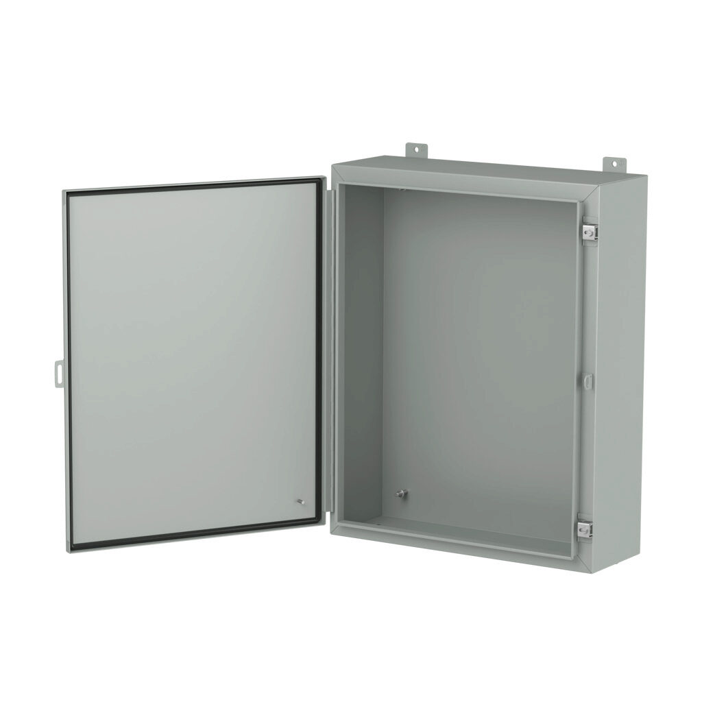 1418K8LP - Hammond enclosure, NEMA 3R/4/12/13, 30 x 24 x 8in (HxWxD), wall mount, carbon steel, ANSI 61 gray, powder coat finish, single-door, stainless steel clamps, padlock hasp and staple.