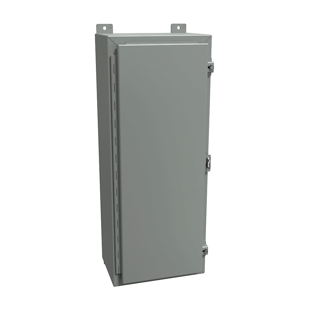 1418KA8 - Hammond enclosure, NEMA 12/13, 30 x 12 x 8in (HxWxD), wall mount, carbon steel, ANSI 61 gray, powder coat finish, single-door, stainless steel clamps, padlock hasp and staple.