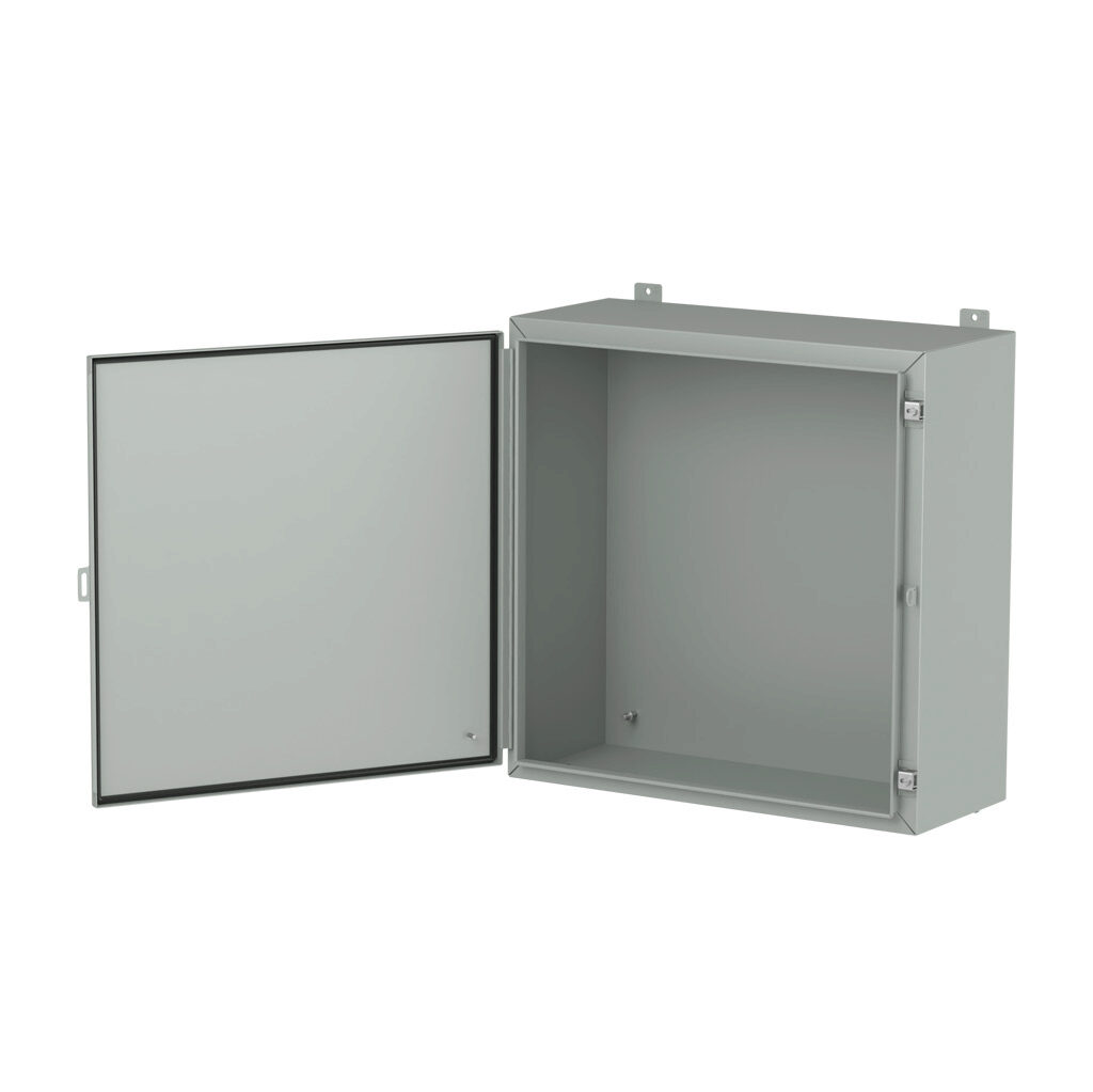 1418KK12LP - Hammond enclosure, NEMA 3R/4/12/13, 30 x 30 x 12in (HxWxD), wall mount, carbon steel, ANSI 61 gray, powder coat finish, single-door, stainless steel clamps, padlock hasp and staple.