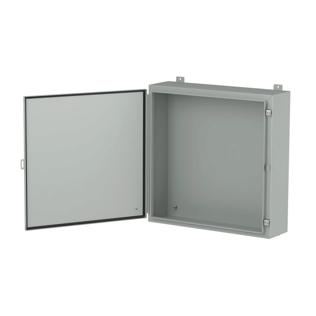 1418KK8LP - Hammond enclosure, NEMA 3R/4/12/13, 30 x 30 x 8in (HxWxD), wall mount, carbon steel, ANSI 61 gray, powder coat finish, single-door, stainless steel clamps, padlock hasp and staple.