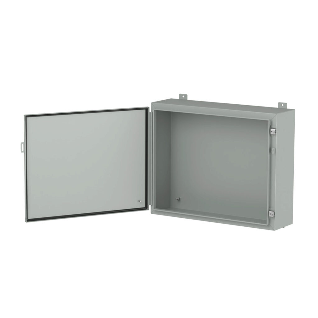 1418KR8LP - Hammond enclosure, NEMA 3R/4/12/13, 24 x 30 x 8in (HxWxD), wall mount, carbon steel, ANSI 61 gray, powder coat finish, single-door, stainless steel clamps, padlock hasp and staple.