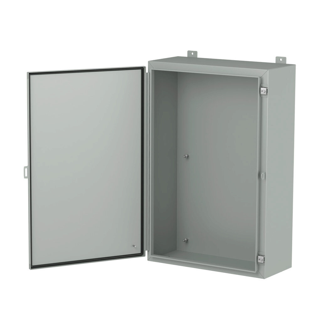 1418L10LP - Hammond enclosure, NEMA 3R/4/12/13, 36 x 24 x 10in (HxWxD), wall mount, carbon steel, ANSI 61 gray, powder coat finish, single-door, stainless steel clamps, padlock hasp and staple.