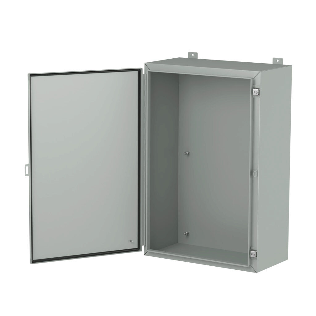 1418L12LP - Hammond enclosure, NEMA 3R/4/12/13, 36 x 24 x 12in (HxWxD), wall mount, carbon steel, ANSI 61 gray, powder coat finish, single-door, stainless steel clamps, padlock hasp and staple.