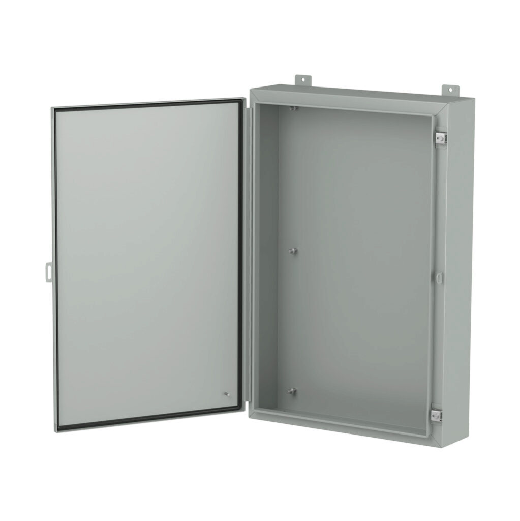 1418L6LP - Hammond enclosure, NEMA 3R/4/12/13, 36 x 24 x 6in (HxWxD), wall mount, carbon steel, ANSI 61 gray, powder coat finish, single-door, stainless steel clamps, padlock hasp and staple.