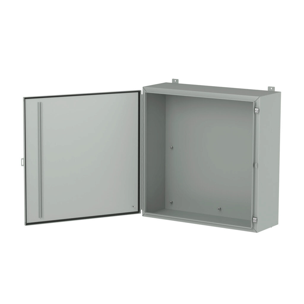 1418LL12LP - Hammond enclosure, NEMA 3R/4/12/13, 36 x 36 x 12in (HxWxD), wall mount, carbon steel, ANSI 61 gray, powder coat finish, single-door, stainless steel clamps, padlock hasp and staple.