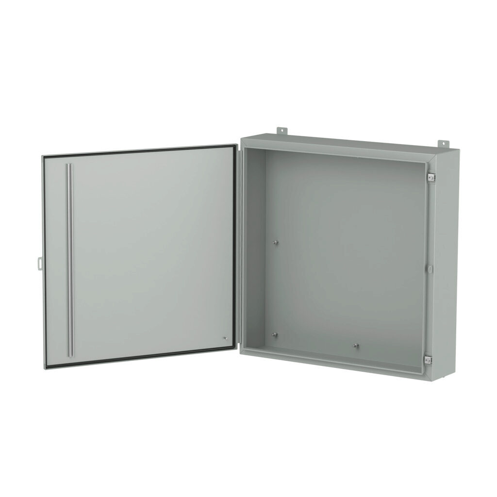 1418LL8LP - Hammond enclosure, NEMA 3R/4/12/13, 36 x 36 x 8in (HxWxD), wall mount, carbon steel, ANSI 61 gray, powder coat finish, single-door, stainless steel clamps, padlock hasp and staple.