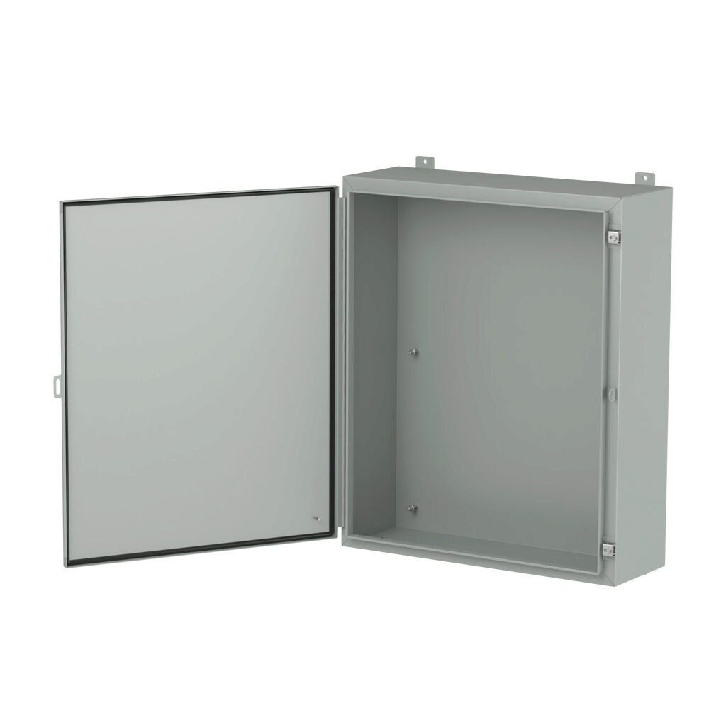 1418M10LP - Hammond enclosure, NEMA 3R/4/12/13, 36 x 30 x 10in (HxWxD), wall mount, carbon steel, ANSI 61 gray, powder coat finish, single-door, stainless steel clamps, padlock hasp and staple.
