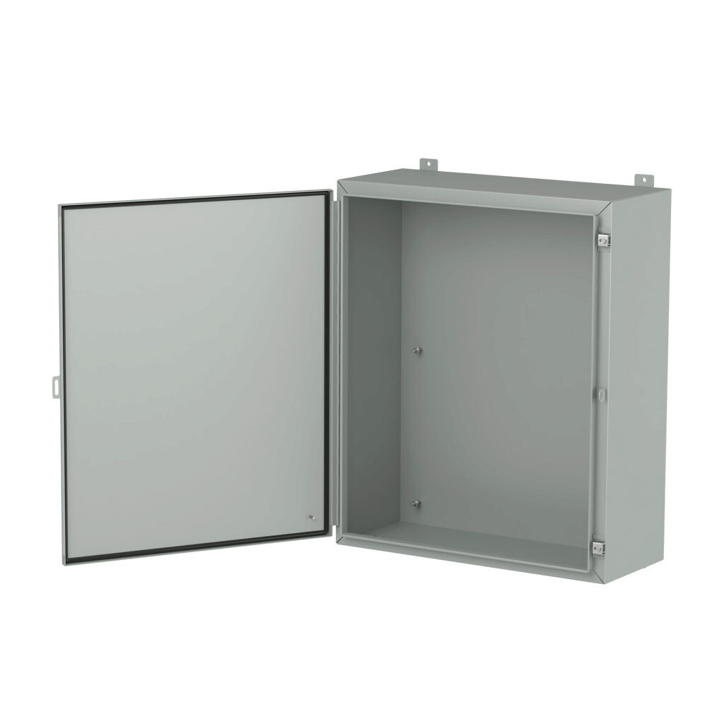1418M12LP - Hammond enclosure, NEMA 3R/4/12/13, 36 x 30 x 12in (HxWxD), wall mount, carbon steel, ANSI 61 gray, powder coat finish, single-door, stainless steel clamps, padlock hasp and staple.