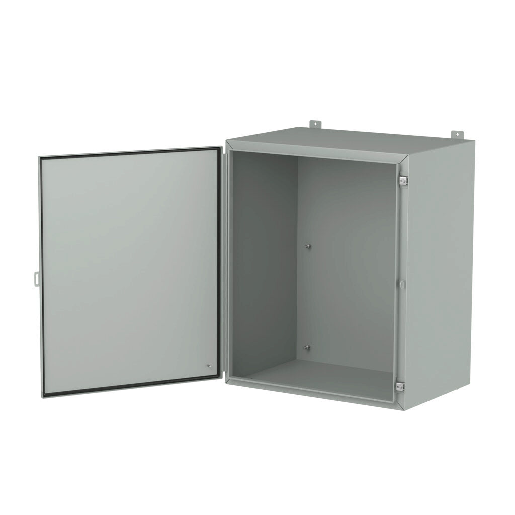 1418M20LP - Hammond enclosure, NEMA 3R/4/12/13, 36 x 30 x 20in (HxWxD), wall mount, carbon steel, ANSI 61 gray, powder coat finish, single-door, stainless steel clamps, padlock hasp and staple.