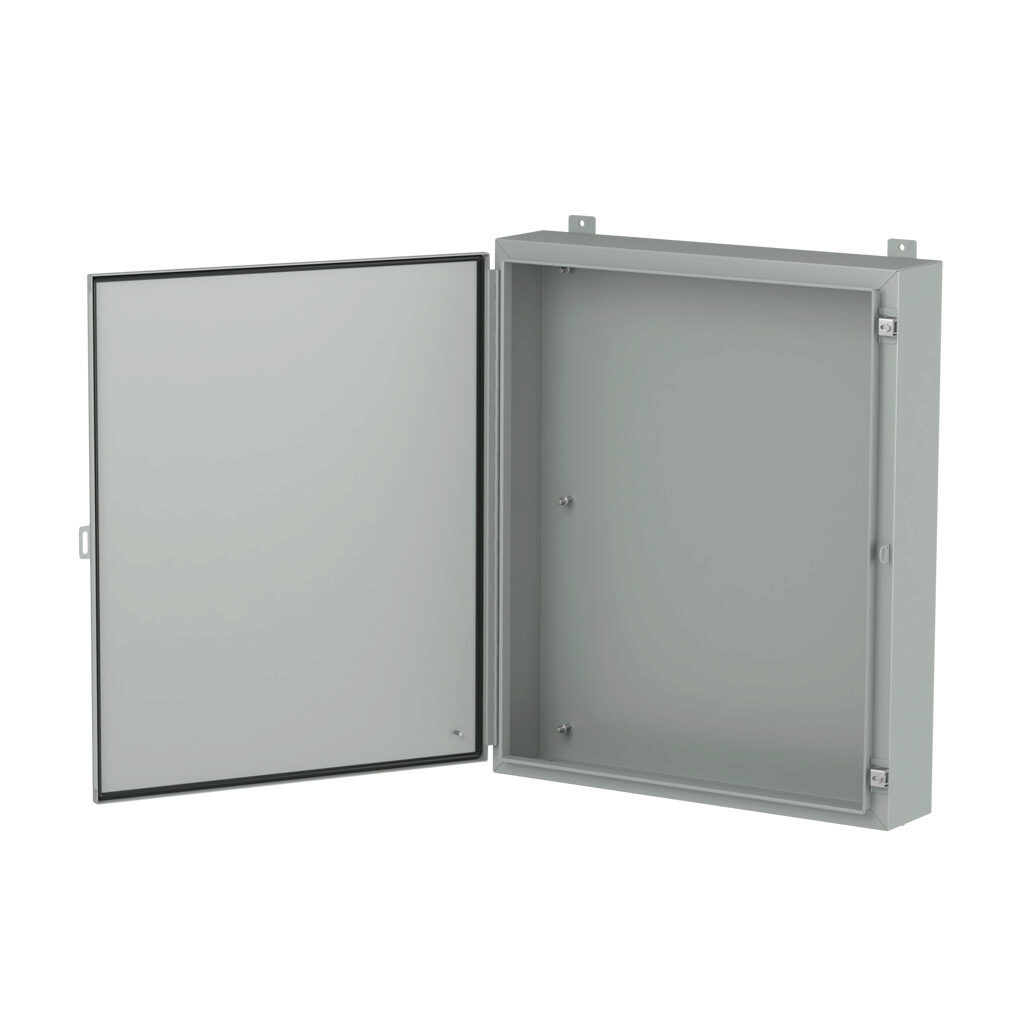 1418M6LP - Hammond enclosure, NEMA 3R/4/12/13, 36 x 30 x 6in (HxWxD), wall mount, carbon steel, ANSI 61 gray, powder coat finish, single-door, stainless steel clamps, padlock hasp and staple.