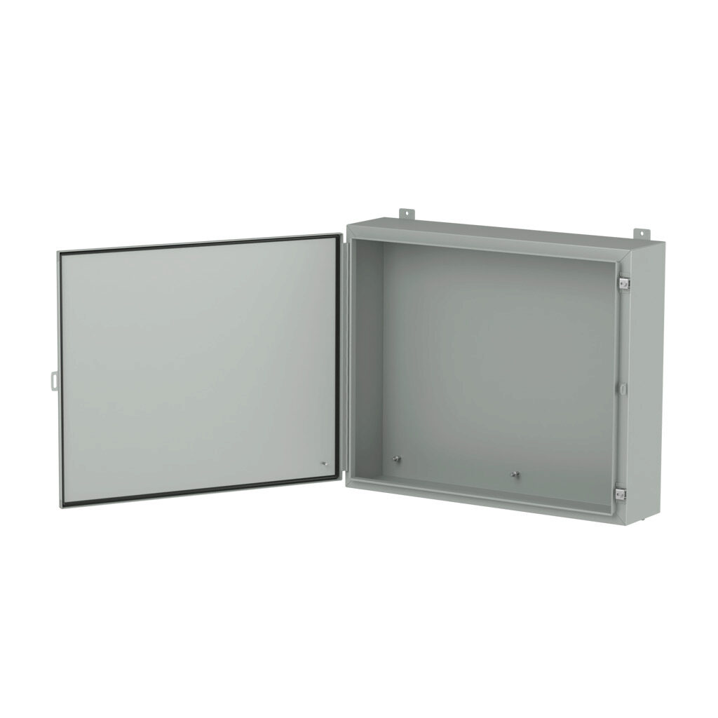 1418MR8LP - Hammond enclosure, NEMA 3R/4/12/13, 30 x 36 x 8in (HxWxD), wall mount, carbon steel, ANSI 61 gray, powder coat finish, single-door, stainless steel clamps, padlock hasp and staple.