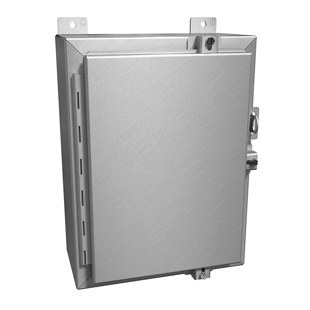 1418N4ALB6 - Hammond enclosure, NEMA 4/4X/12/13, 16 x 12 x 6in (HxWxD), wall mount, 5052-H32 aluminum, natural finish, single-door, aluminum clamps, padlock hasp and staple.