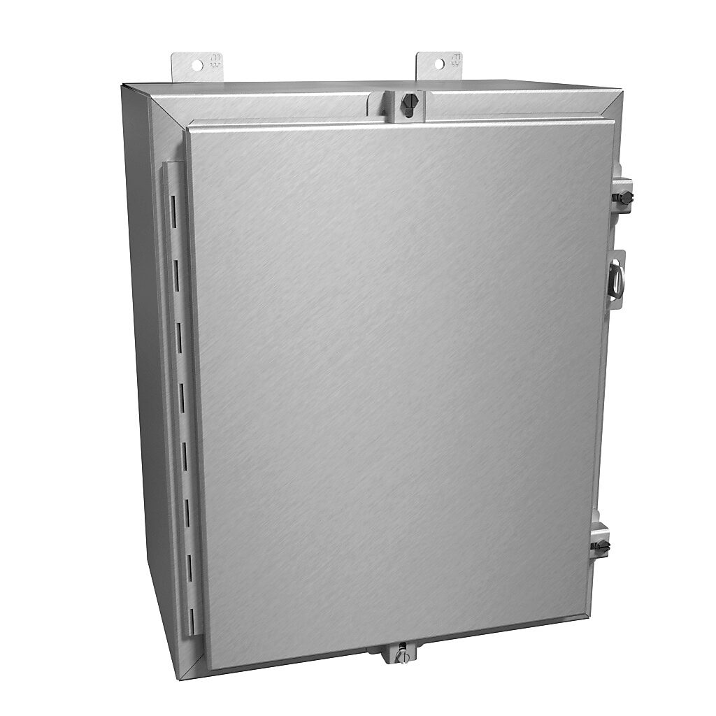 1418N4ALC10 - Hammond enclosure, NEMA 4/4X/12/13, 20 x 16 x 10in (HxWxD), wall mount, 5052-H32 aluminum, natural finish, single-door, aluminum clamps, padlock hasp and staple.
