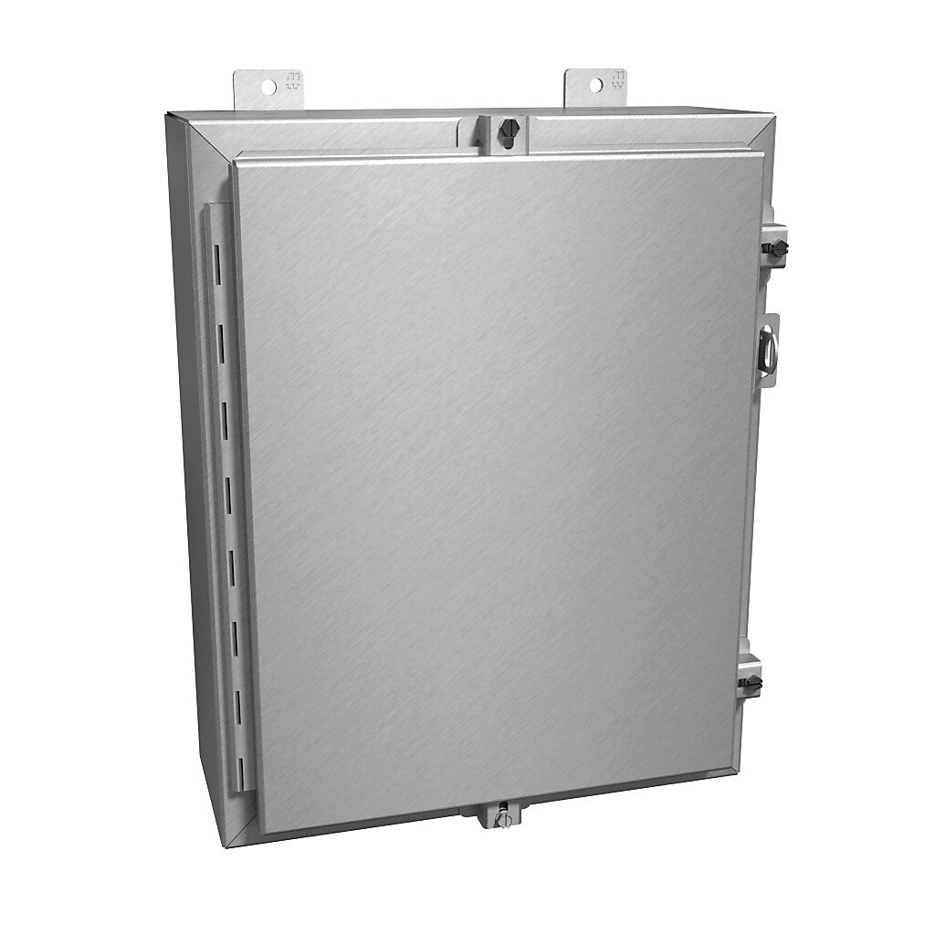 1418N4ALC6 - Hammond enclosure, NEMA 4/4X/12/13, 20 x 16 x 6in (HxWxD), wall mount, 5052-H32 aluminum, natural finish, single-door, aluminum clamps, padlock hasp and staple.