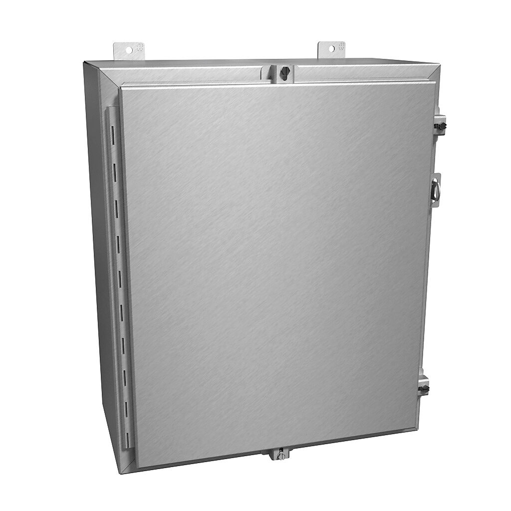 1418N4ALE10 - Hammond enclosure, NEMA 4/4X/12/13, 24 x 20 x 10in (HxWxD), wall mount, 5052-H32 aluminum, natural finish, single-door, aluminum clamps, padlock hasp and staple.