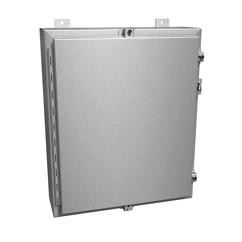 1418N4ALE6 - Hammond enclosure, NEMA 4/4X/12/13, 24 x 20 x 6in (HxWxD), wall mount, 5052-H32 aluminum, natural finish, single-door, aluminum clamps, padlock hasp and staple.