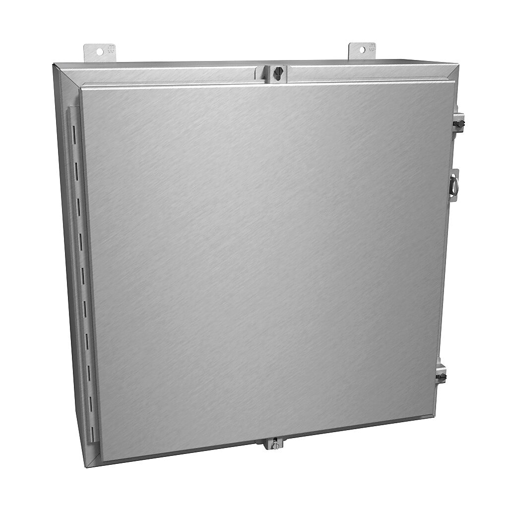 1418N4ALJ8 - Hammond enclosure, NEMA 4/4X/12/13, 24 x 24 x 8in (HxWxD), wall mount, 5052-H32 aluminum, natural finish, single-door, aluminum clamps, padlock hasp and staple.