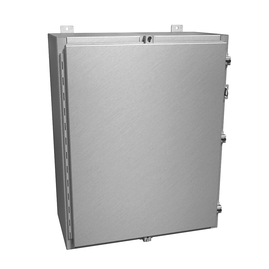 1418N4ALK12 - Hammond enclosure, NEMA 4/4X/12/13, 30 x 24 x 12in (HxWxD), wall mount, 5052-H32 aluminum, natural finish, single-door, aluminum clamps, padlock hasp and staple.