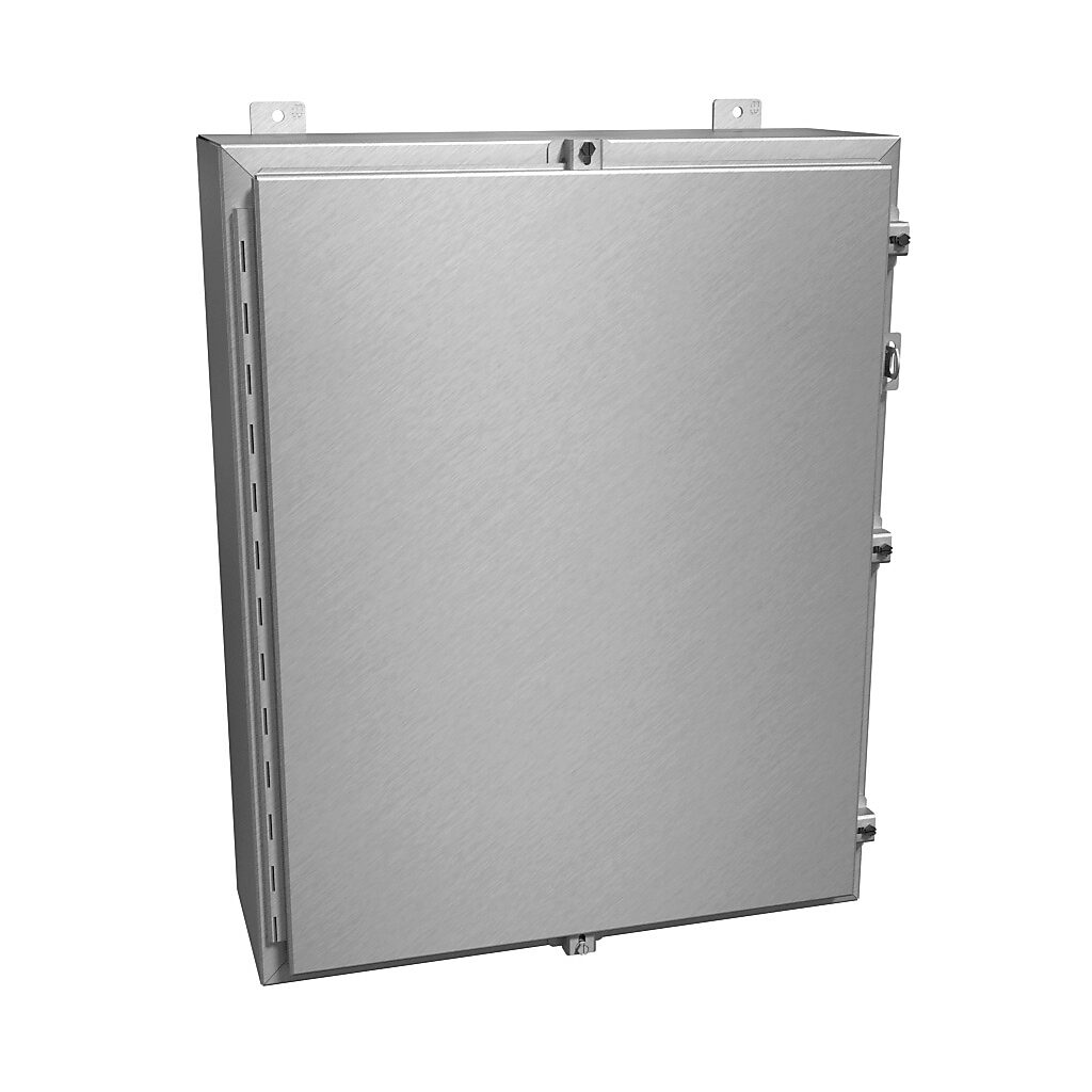 1418N4ALK8 - Hammond enclosure, NEMA 4/4X/12/13, 30 x 24 x 8in (HxWxD), wall mount, 5052-H32 aluminum, natural finish, single-door, aluminum clamps, padlock hasp and staple.