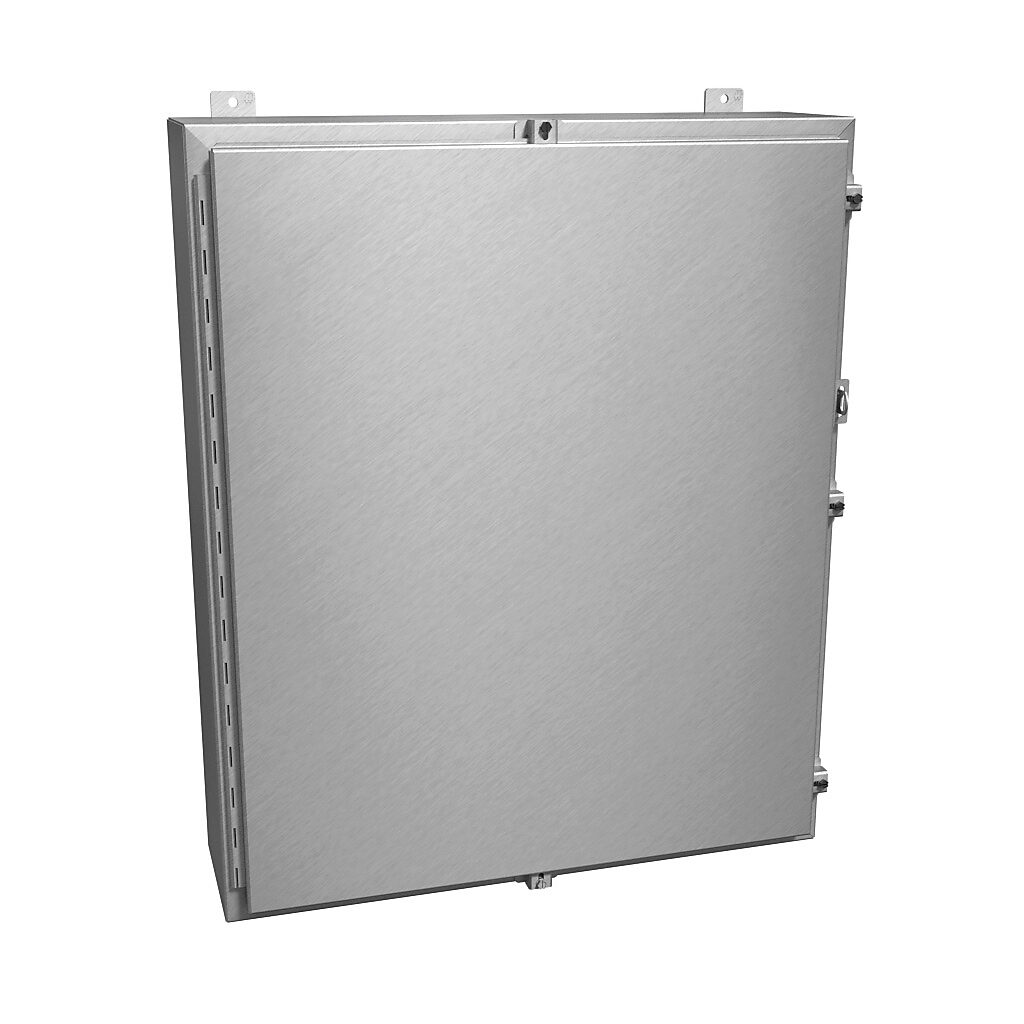 1418N4ALM8 - Hammond enclosure, NEMA 4/4X/12/13, 36 x 30 x 8in (HxWxD), wall mount, 5052-H32 aluminum, natural finish, single-door, aluminum clamps, padlock hasp and staple.