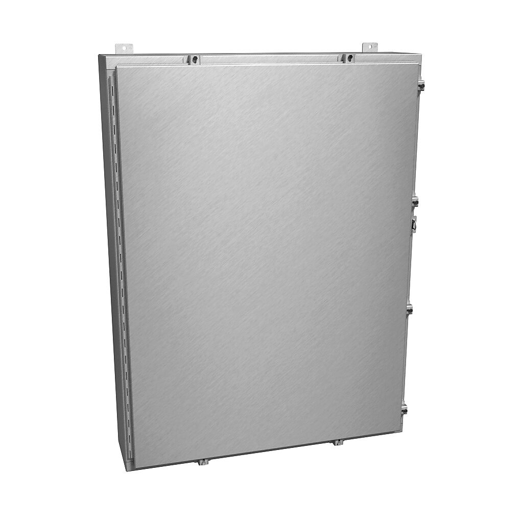 1418N4ALS8 - Hammond enclosure, NEMA 4/4X/12/13, 48 x 36 x 8in (HxWxD), wall mount, 5052-H32 aluminum, natural finish, single-door, aluminum clamps, padlock hasp and staple.