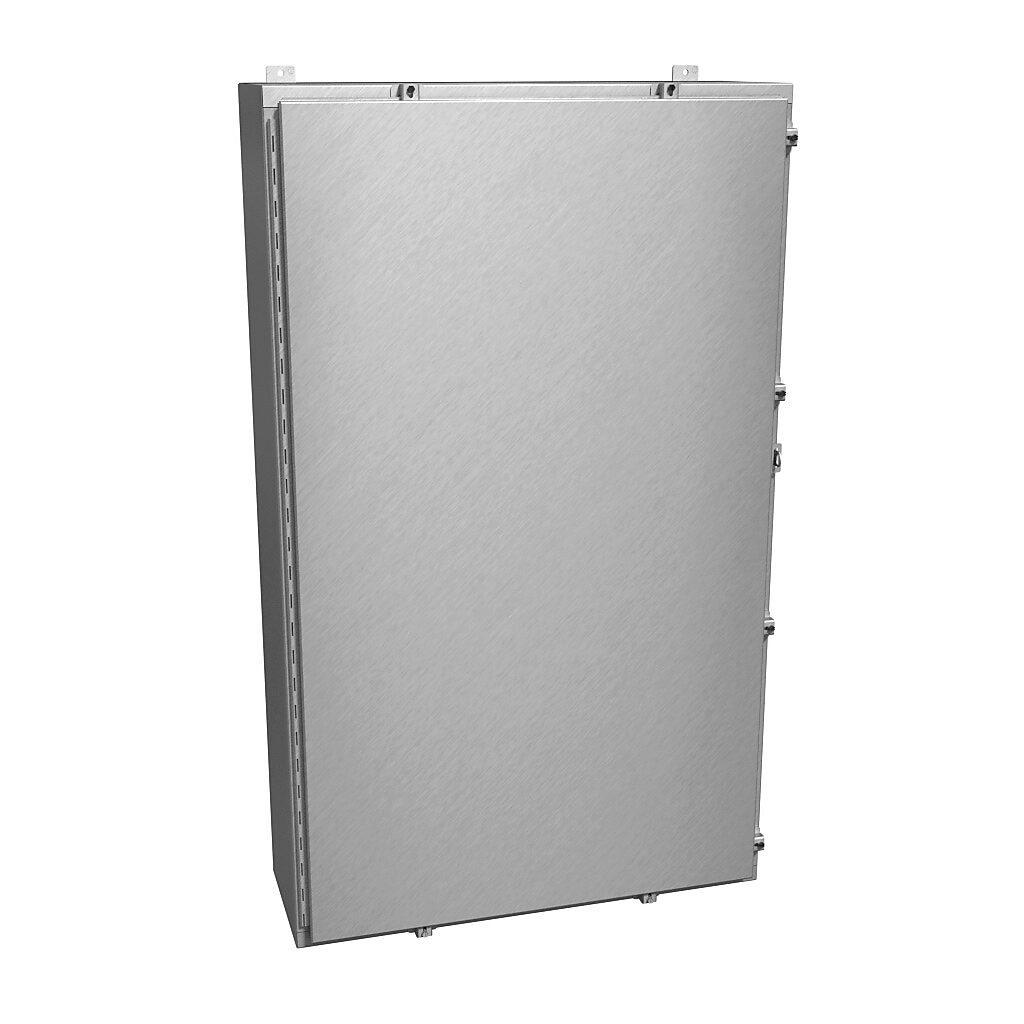 1418N4ALT12 - Hammond enclosure, NEMA 4/4X/12/13, 60 x 36 x 12in (HxWxD), wall mount, 5052-H32 aluminum, natural finish, single-door, aluminum clamps, padlock hasp and staple.