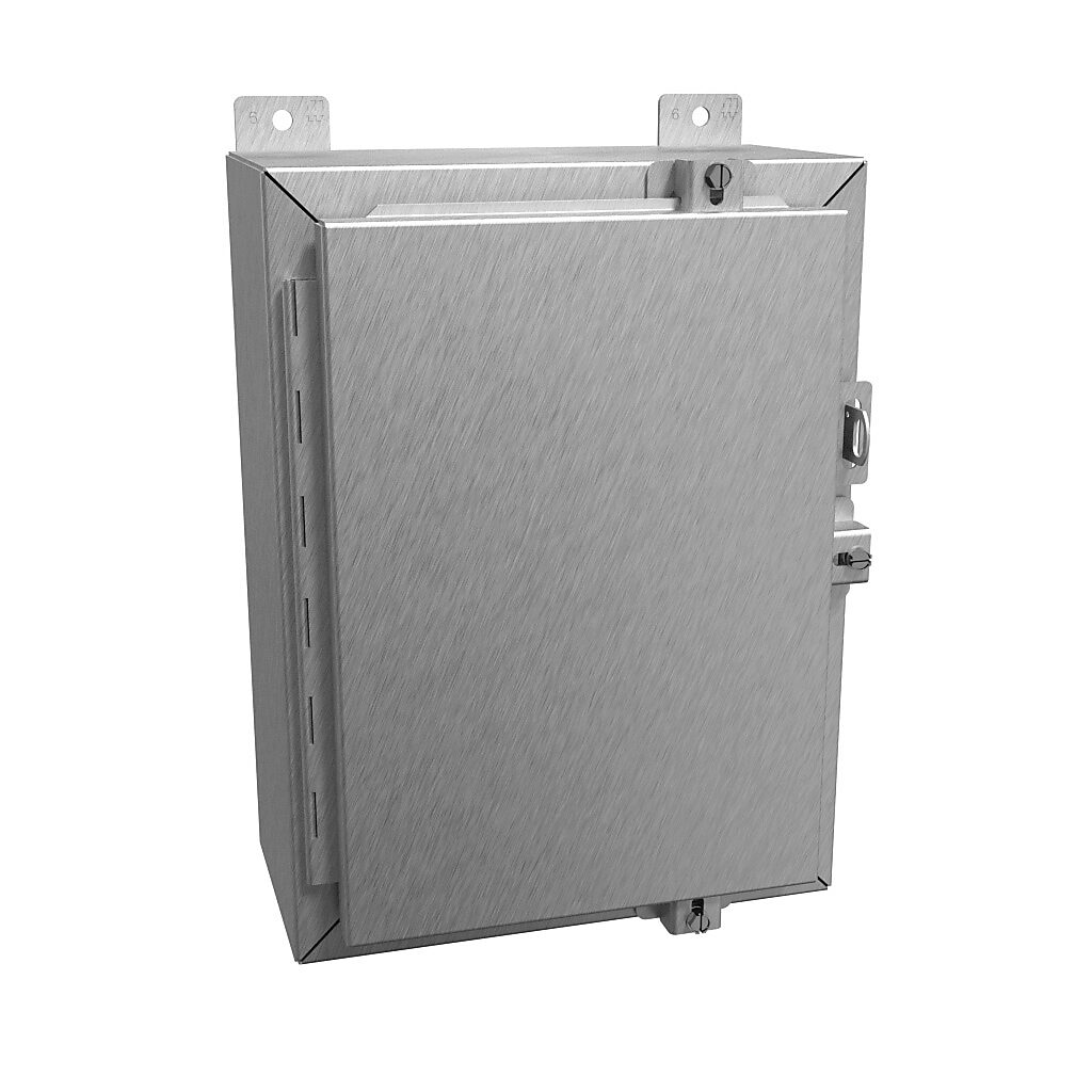 1418N4S16B6 - Hammond enclosure, NEMA 3R/4/4X/12/13, 16 x 12 x 6in (HxWxD), wall mount, 316 stainless steel, #4 brush finish, single-door, stainless steel clamps, padlock hasp and staple.