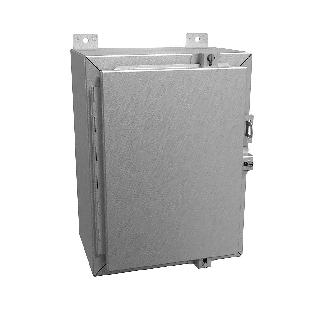 1418N4S16B8 - Hammond enclosure, NEMA 3R/4/4X/12/13, 16 x 12 x 8in (HxWxD), wall mount, 316 stainless steel, #4 brush finish, single-door, stainless steel clamps, padlock hasp and staple.