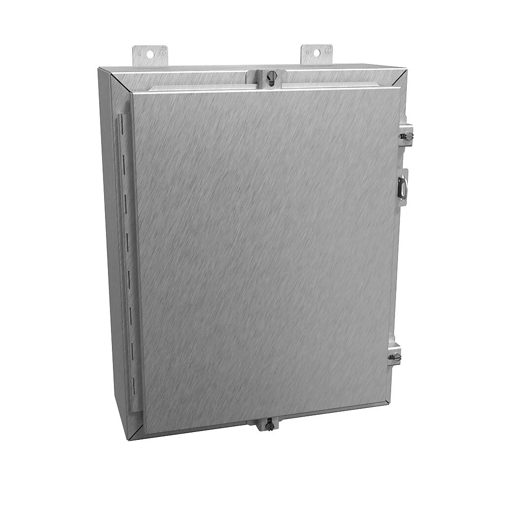 1418N4S16C6 - Hammond enclosure, NEMA 3R/4/4X/12/13, 20 x 16 x 6in (HxWxD), wall mount, 316 stainless steel, #4 brush finish, single-door, stainless steel clamps, padlock hasp and staple.