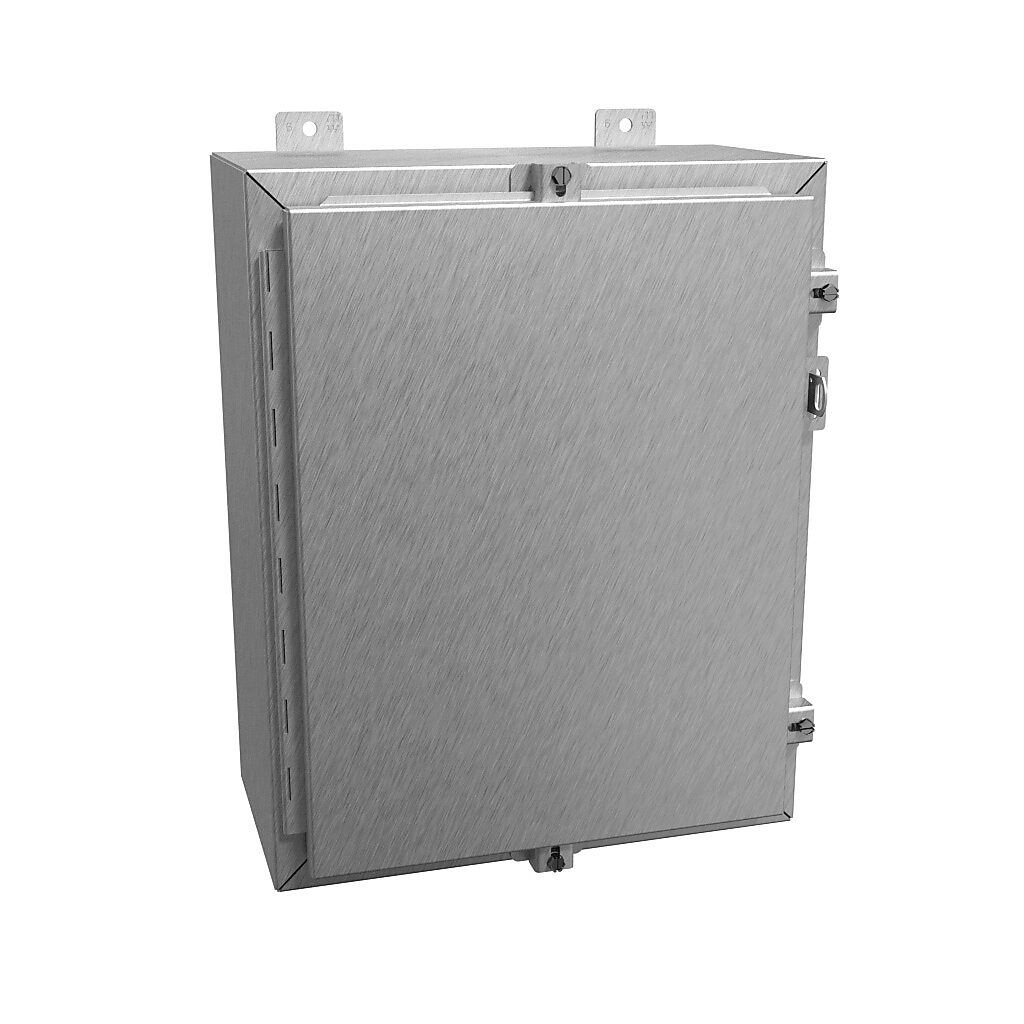1418N4S16C8 - Hammond enclosure, NEMA 3R/4/4X/12/13, 20 x 16 x 8in (HxWxD), wall mount, 316 stainless steel, #4 brush finish, single-door, stainless steel clamps, padlock hasp and staple.