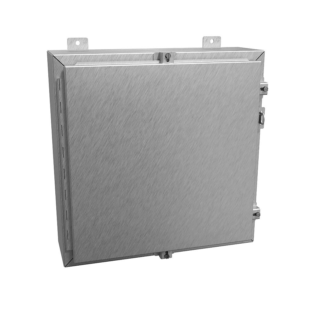 1418N4S16D6 - Hammond enclosure, NEMA 3R/4/4X/12/13, 20 x 20 x 6in (HxWxD), wall mount, 316 stainless steel, #4 brush finish, single-door, stainless steel clamps, padlock hasp and staple.