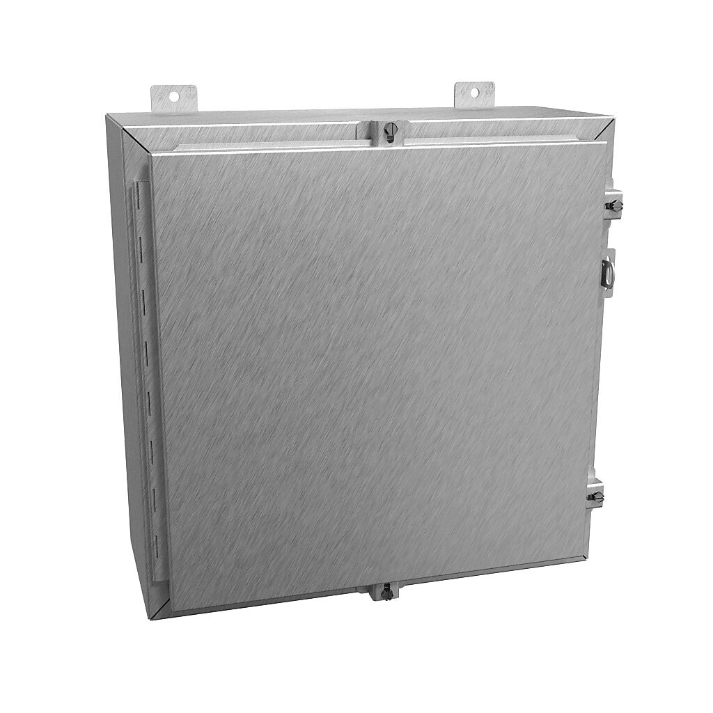 1418N4S16D8 - Hammond enclosure, NEMA 3R/4/4X/12/13, 20 x 20 x 8in (HxWxD), wall mount, 316 stainless steel, #4 brush finish, single-door, stainless steel clamps, padlock hasp and staple.