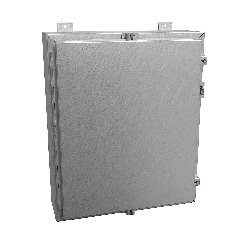 1418N4S16E6 - Hammond enclosure, NEMA 3R/4/4X/12/13, 24 x 20 x 6in (HxWxD), wall mount, 316 stainless steel, #4 brush finish, single-door, stainless steel clamps, padlock hasp and staple.