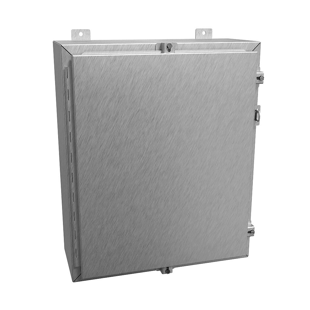 1418N4S16E8 - Hammond enclosure, NEMA 3R/4/4X/12/13, 24 x 20 x 8in (HxWxD), wall mount, 316 stainless steel, #4 brush finish, single-door, stainless steel clamps, padlock hasp and staple.