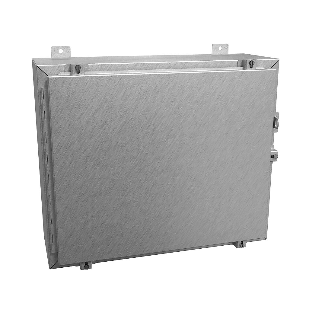 1418N4S16ER8 - Hammond enclosure, NEMA 3R/4/4X/12/13, 20 x 24 x 8in (HxWxD), wall mount, 316 stainless steel, #4 brush finish, single-door, stainless steel clamps, padlock hasp and staple.