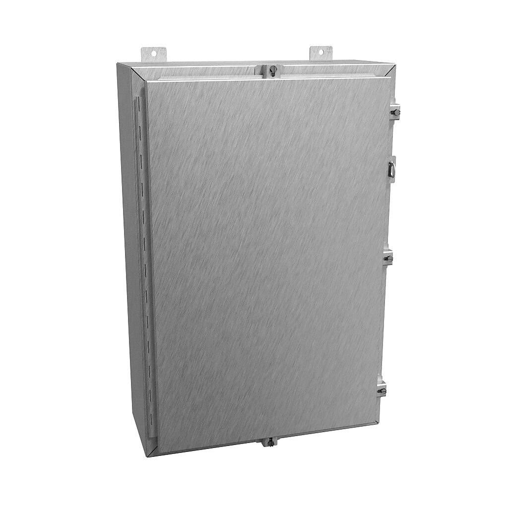 1418N4S16F8 - Hammond enclosure, NEMA 3R/4/4X/12/13, 30 x 20 x 8in (HxWxD), wall mount, 316 stainless steel, #4 brush finish, single-door, stainless steel clamps, padlock hasp and staple.