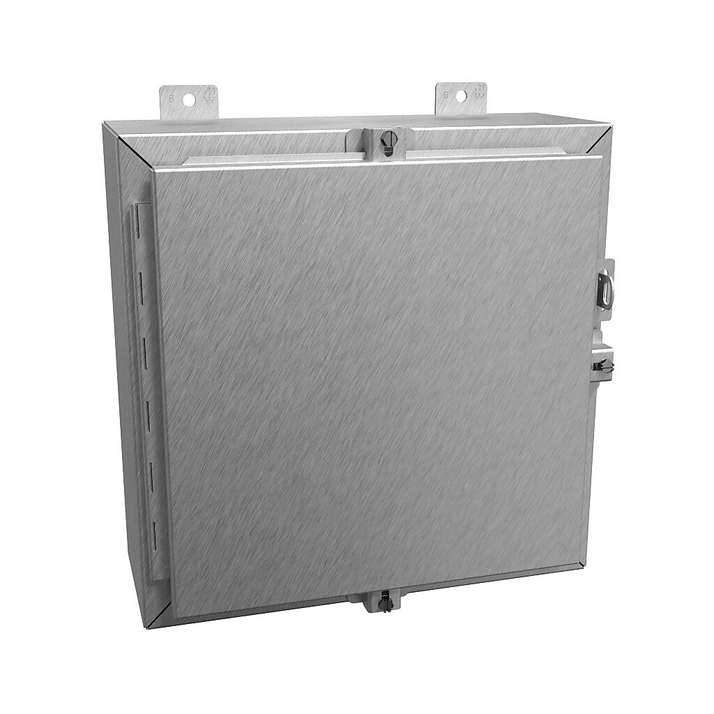 1418N4S16G6 - Hammond enclosure, NEMA 3R/4/4X/12/13, 16 x 16 x 6in (HxWxD), wall mount, 316 stainless steel, #4 brush finish, single-door, stainless steel clamps, padlock hasp and staple.