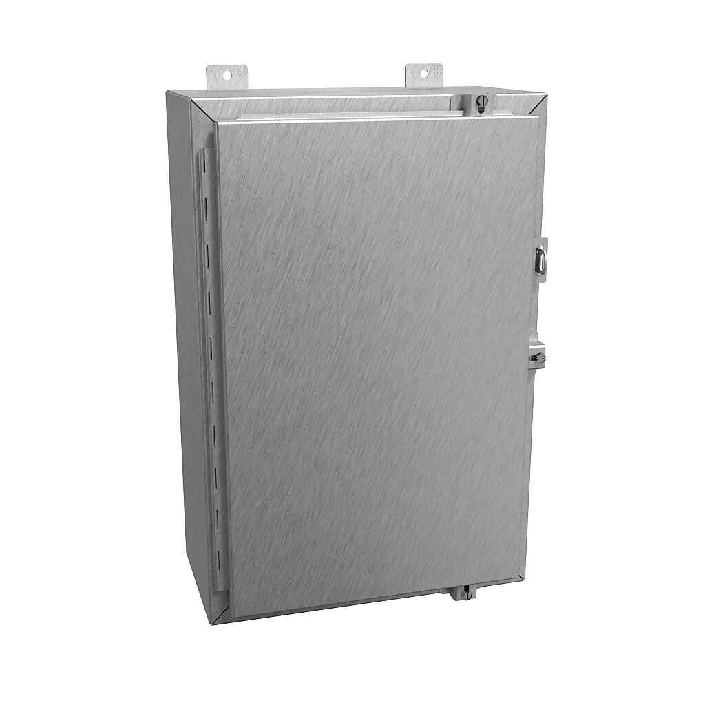 1418N4S16H8 - Hammond enclosure, NEMA 3R/4/4X/12/13, 24 x 16 x 8in (HxWxD), wall mount, 316 stainless steel, #4 brush finish, single-door, stainless steel clamps, padlock hasp and staple.