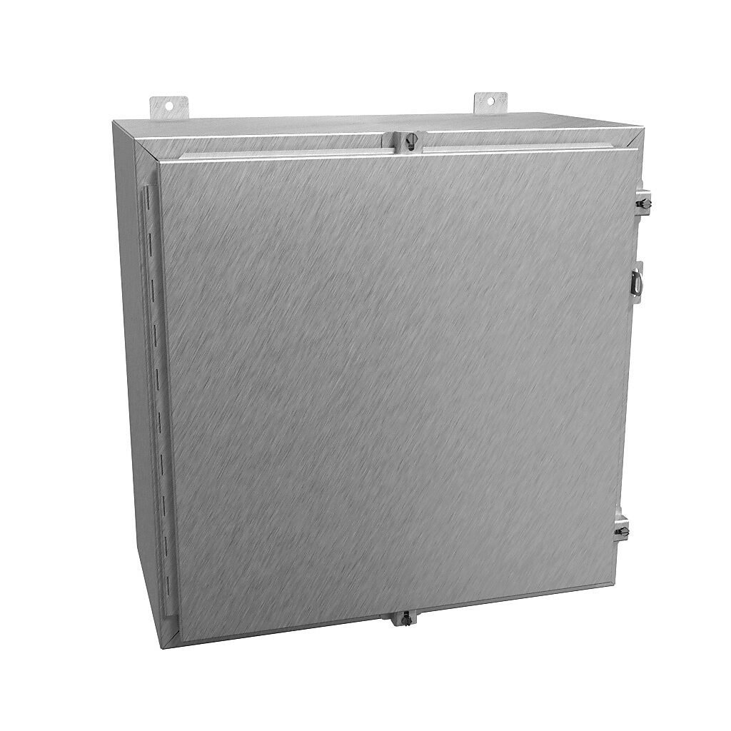 1418N4S16J12 - Hammond enclosure, NEMA 3R/4/4X/12/13, 24 x 24 x 12in (HxWxD), wall mount, 316 stainless steel, #4 brush finish, single-door, stainless steel clamps, padlock hasp and staple.