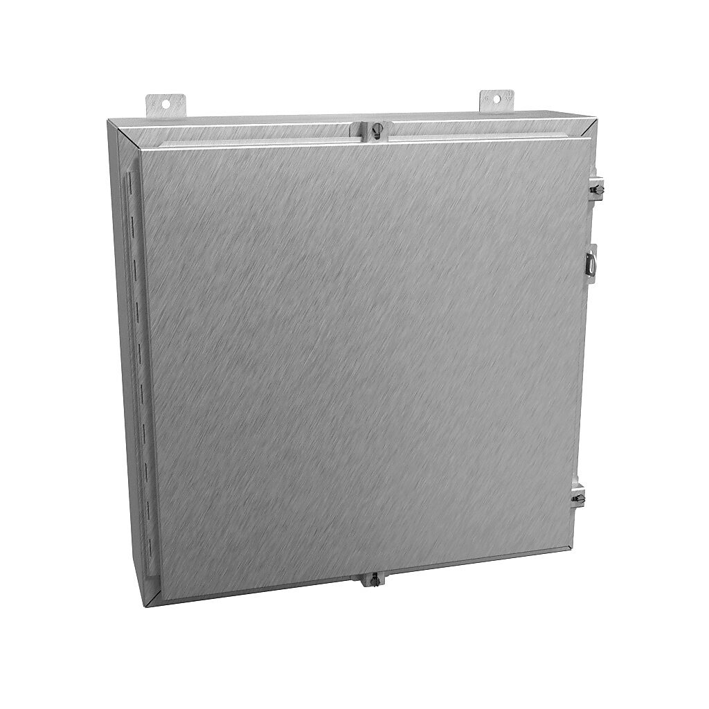 1418N4S16J6 - Hammond enclosure, NEMA 3R/4/4X/12/13, 24 x 24 x 6in (HxWxD), wall mount, 316 stainless steel, #4 brush finish, single-door, stainless steel clamps, padlock hasp and staple.