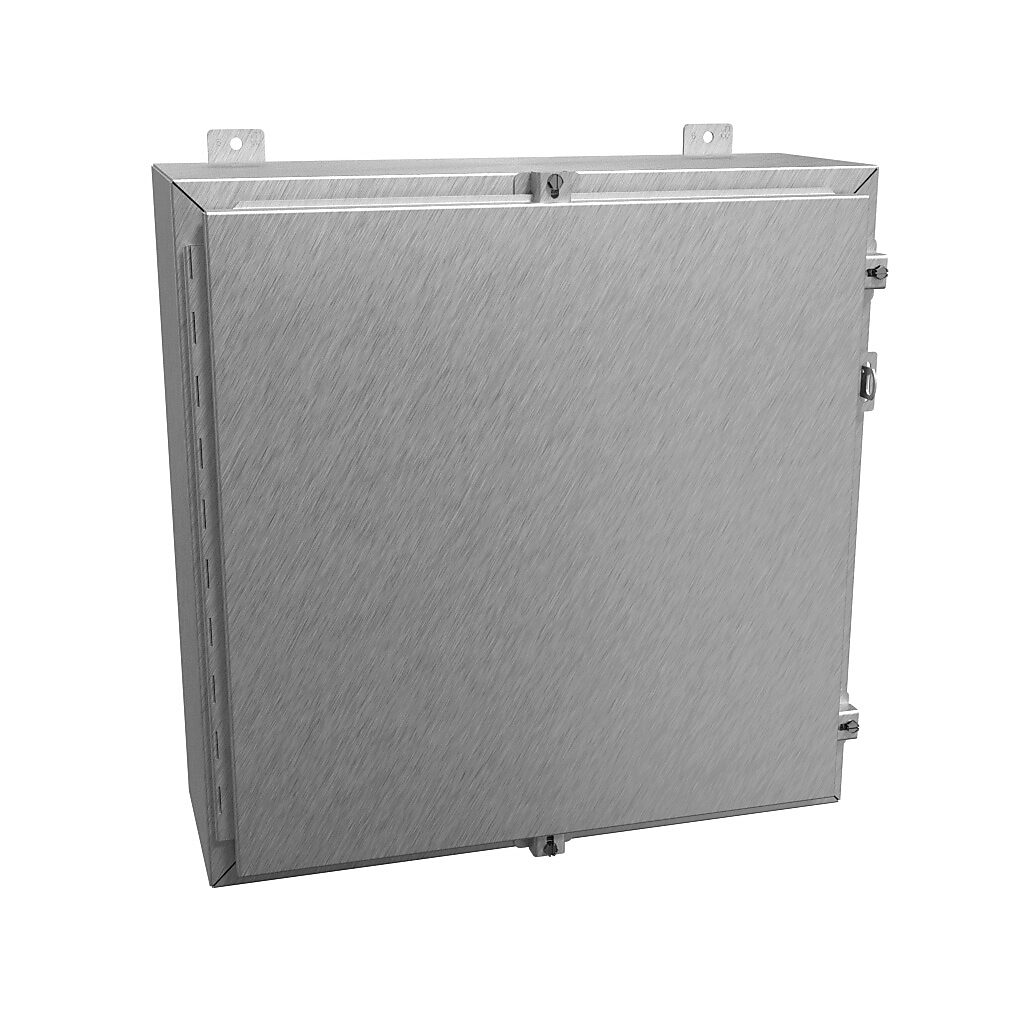 1418N4S16J8 - Hammond enclosure, NEMA 3R/4/4X/12/13, 24 x 24 x 8in (HxWxD), wall mount, 316 stainless steel, #4 brush finish, single-door, stainless steel clamps, padlock hasp and staple.