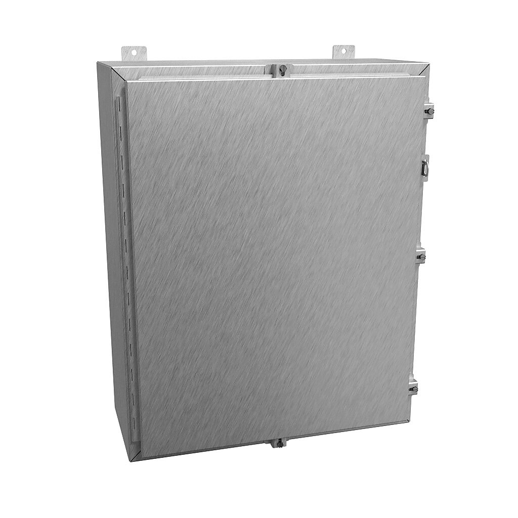 1418N4S16K10 - Hammond enclosure, NEMA 3R/4/4X/12/13, 30 x 24 x 10in (HxWxD), wall mount, 316 stainless steel, #4 brush finish, single-door, stainless steel clamps, padlock hasp and staple.